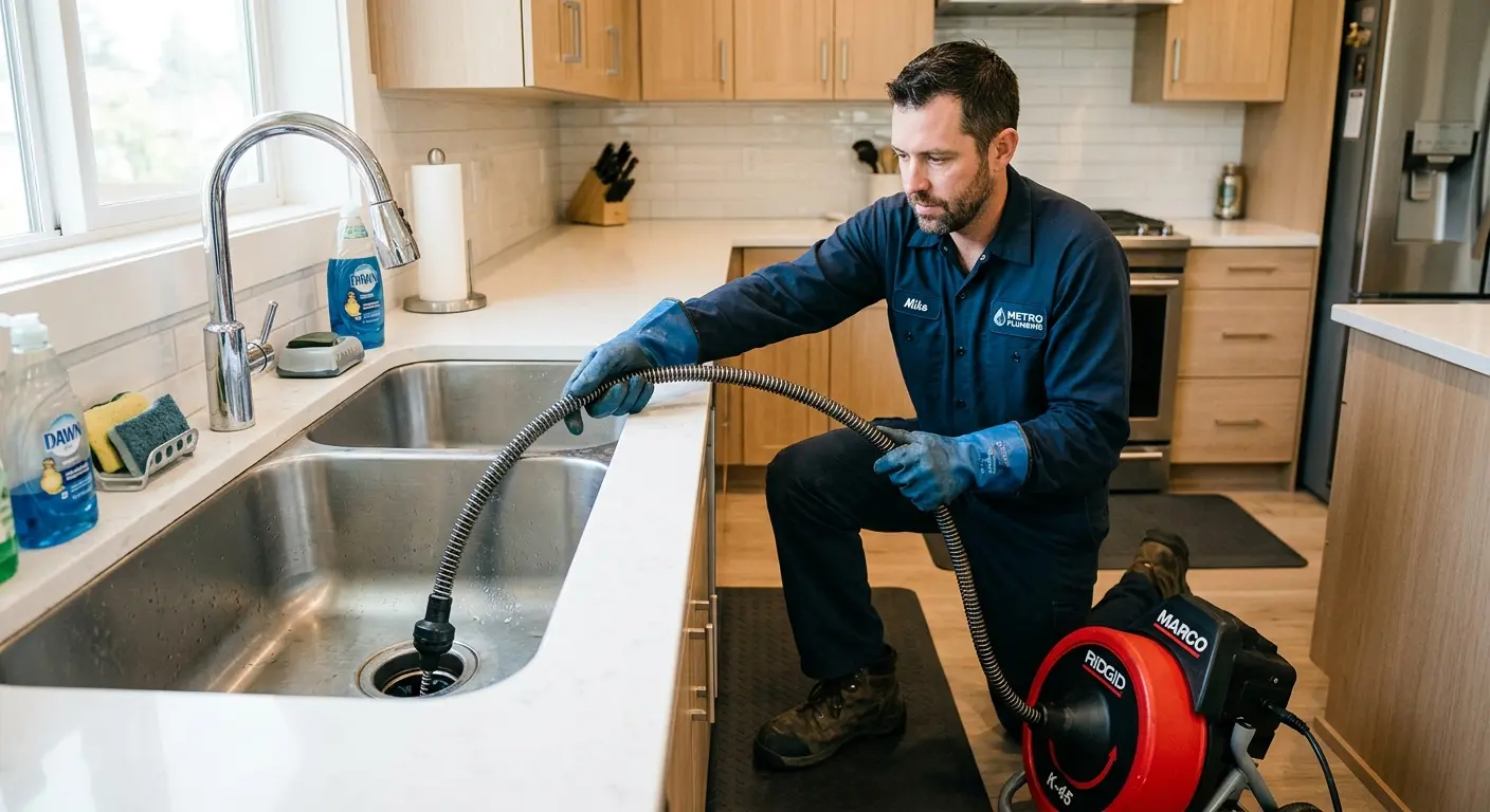Drain cleaning technician using a motorized snake on a kitchen sink in Pittsford