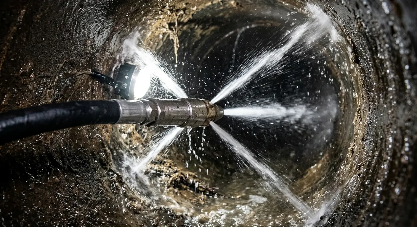 High-pressure hydro jetting nozzle cleaning sewer pipe for Emergency Drain Service in Pittsford