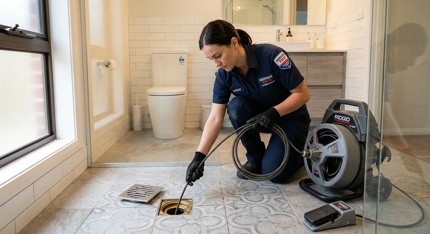 Technician clearing a bathroom floor drain for Drain Cleaning in Pittsford